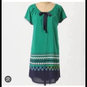 Anthropologie Allihop Green Polka Dot Dress with Navy Bow Size Small
